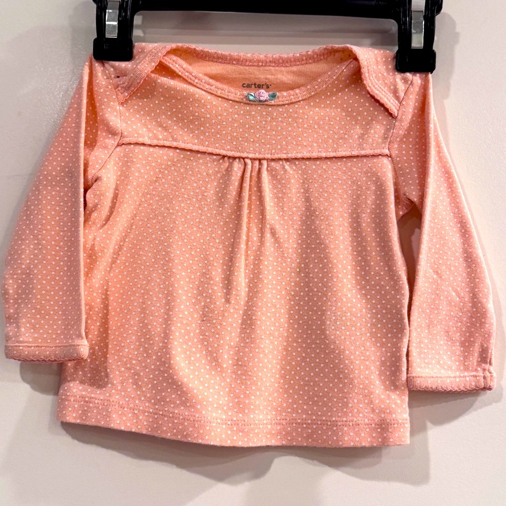 Carter's Peach Orange & White Polka Dot Long Sleeve Shirt Tee Cotton Baby Girl